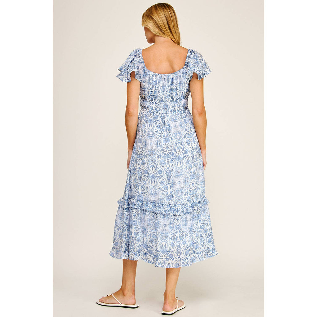 FLUTTER SLEEVE FLORAL TIERED MIDI DRESS
