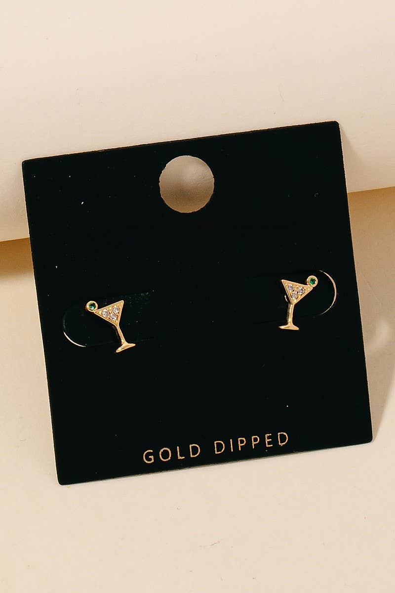 Gold Dipped Cz Pave Martini Glass Stud Earrings