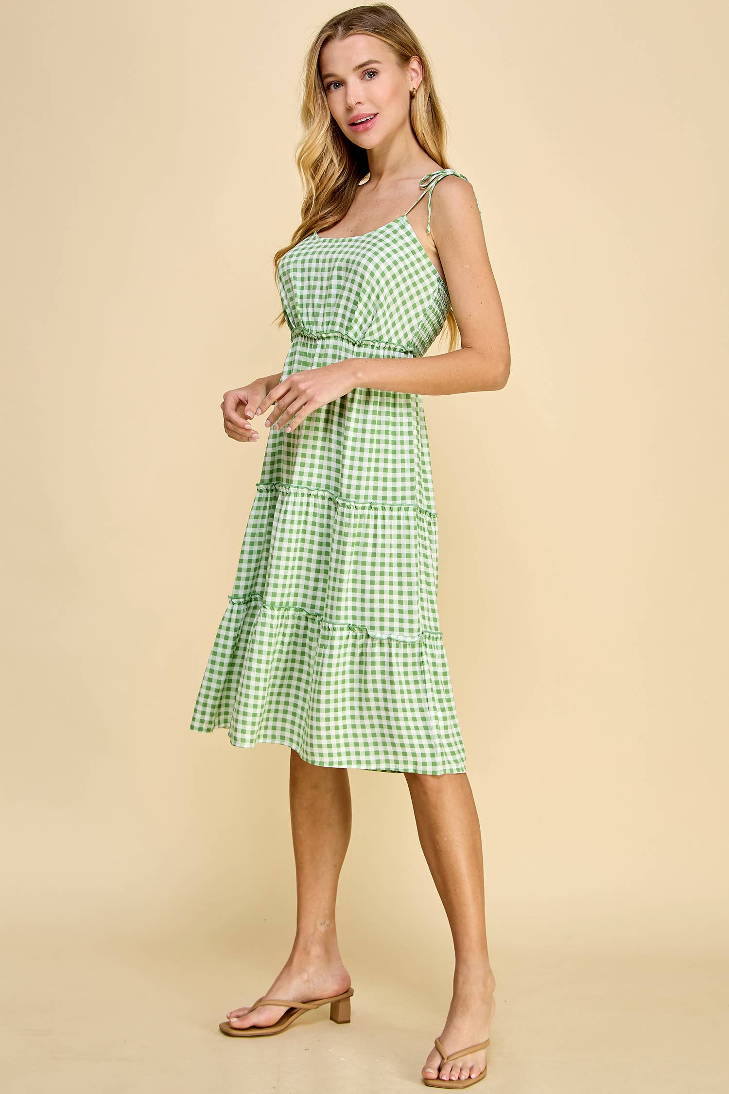 TIE SHOULDER MIDI WITH TIEAR AND PLEAT DRESS