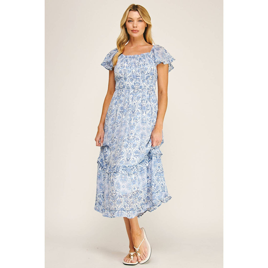 FLUTTER SLEEVE FLORAL TIERED MIDI DRESS