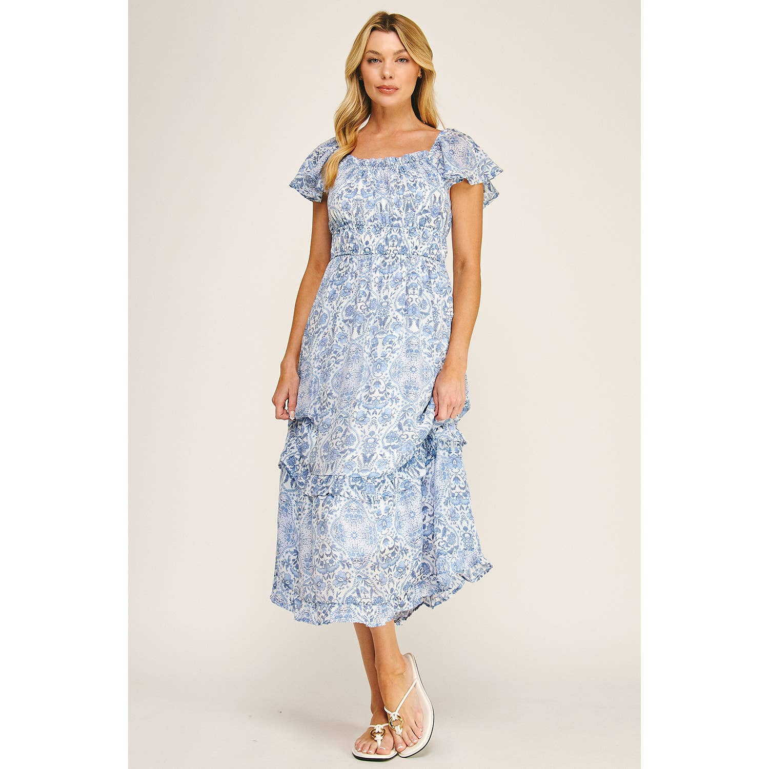 FLUTTER SLEEVE FLORAL TIERED MIDI DRESS