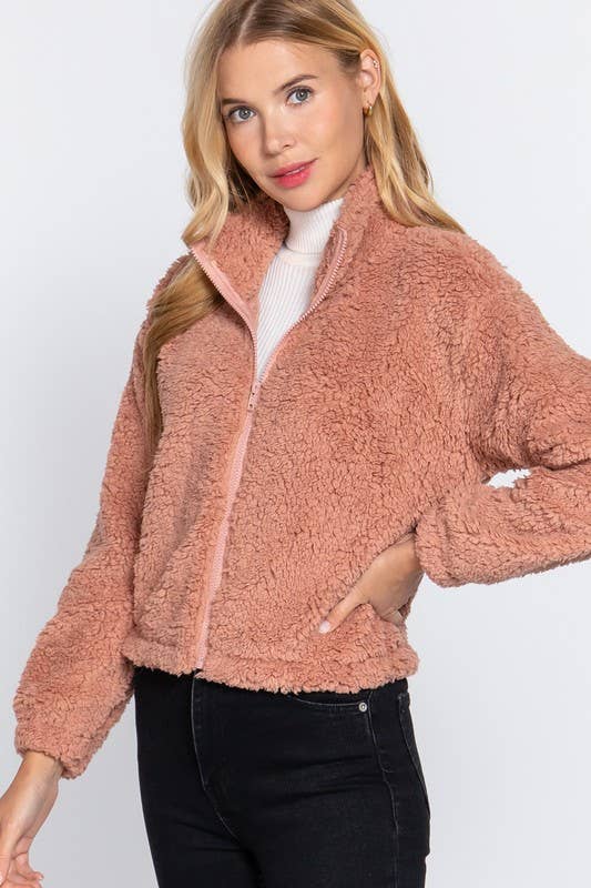 Long Sleeve Mock Neck Faux Fur Zip-up Jacket
