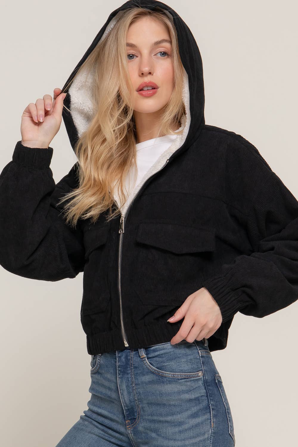 Long Sleeve Hoodie Inside Fur Corduroy Zip Up Jacket