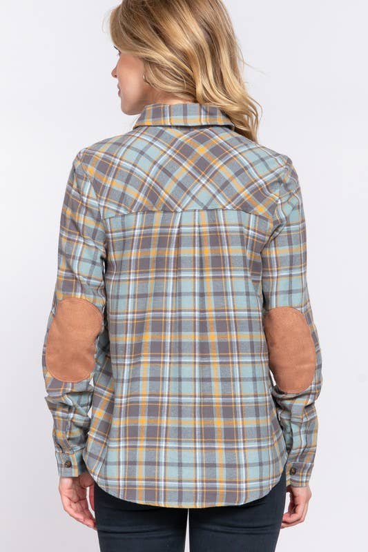 Long Sleeve with Suede Patch Button Down Plaid Shirt