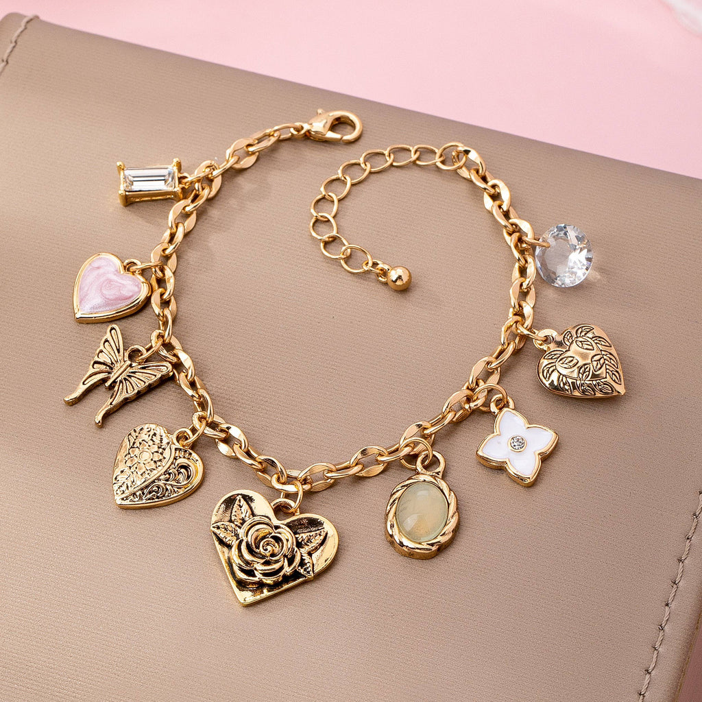 Gold Charm Bracelet with Hearts & Flowers | 80B1652