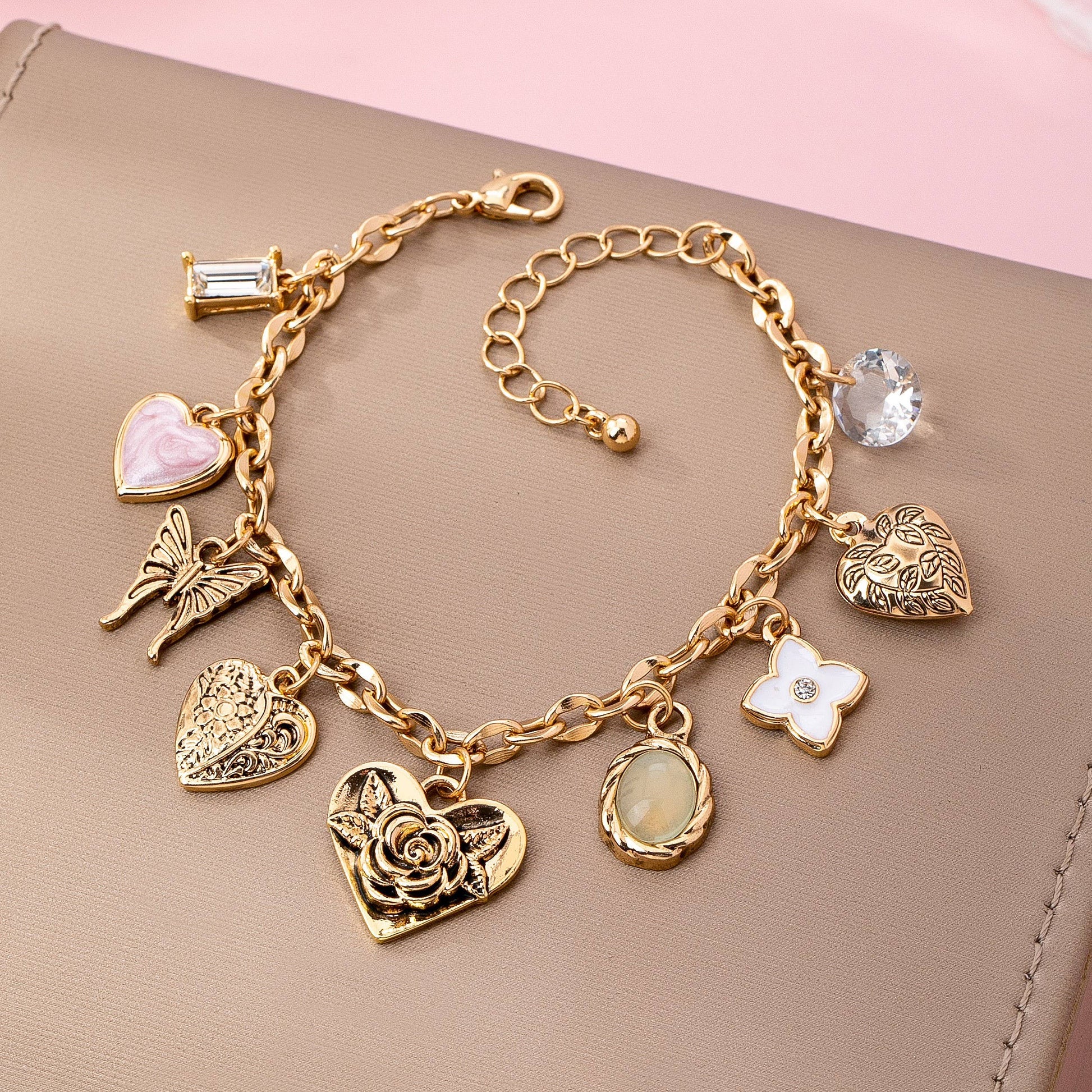 Gold Charm Bracelet with Hearts & Flowers | 80B1652