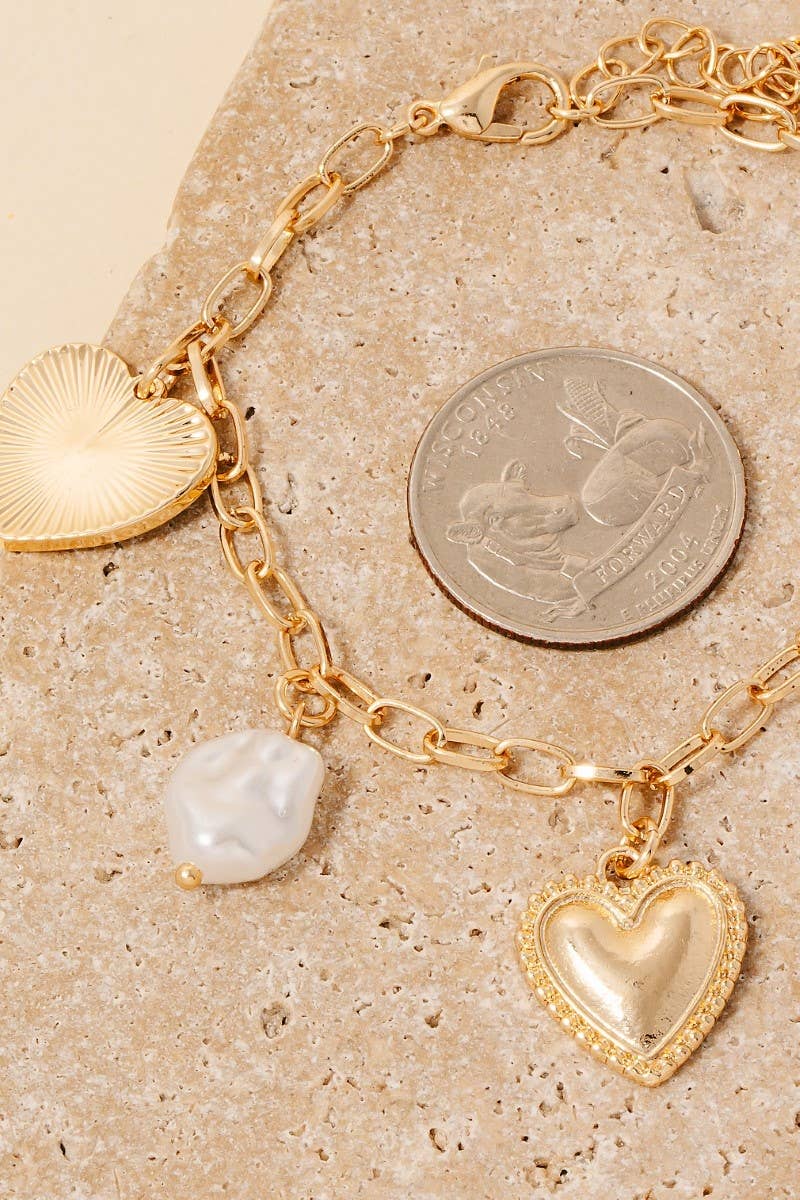 Mixed Heart And Pearl Charm Chain Bracelet