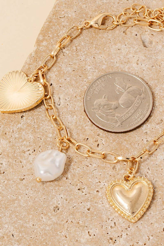 Mixed Heart And Pearl Charm Chain Bracelet
