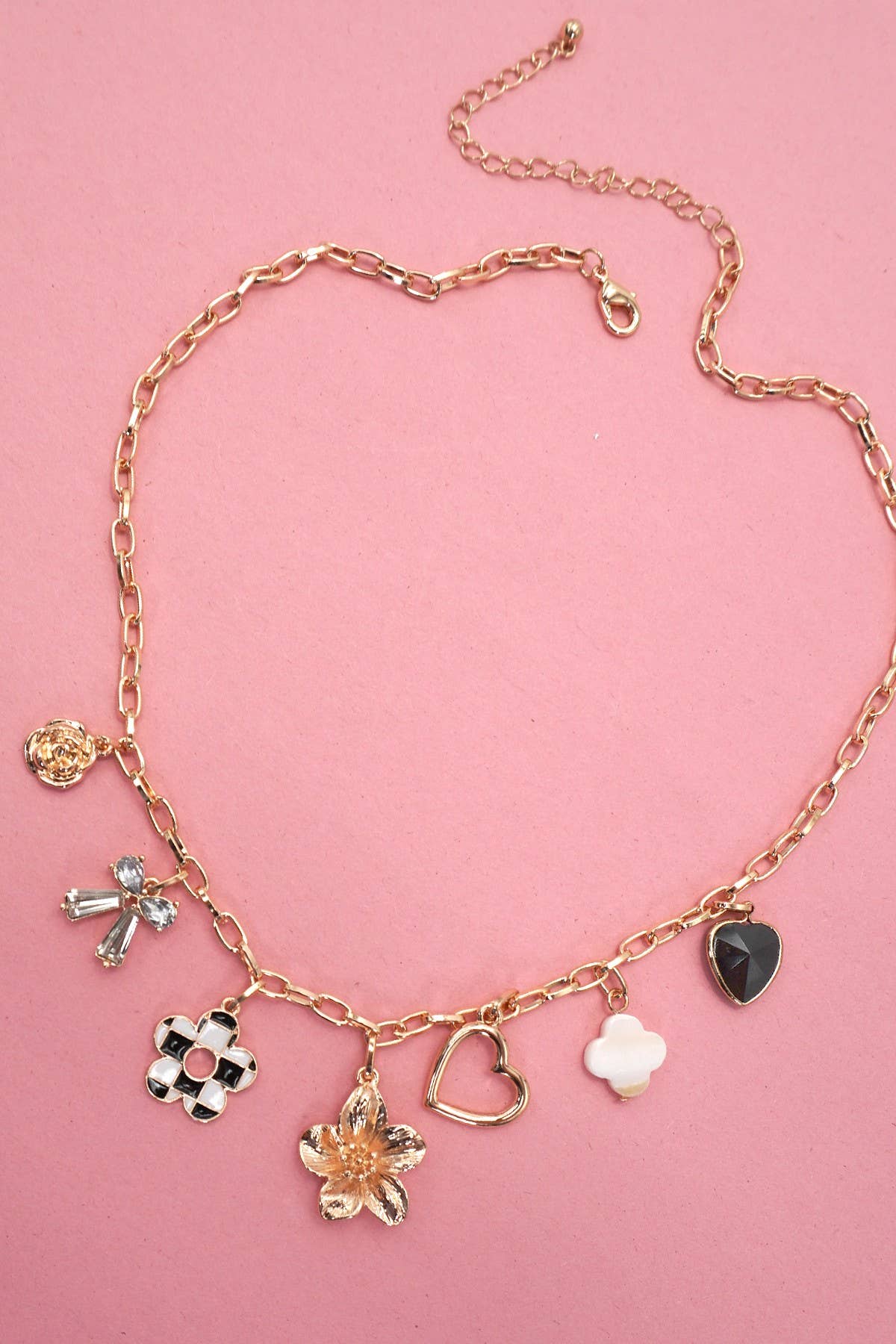 CHARM NECKLACE-BOW CHECKER HEART RHINESTONE | 80N92053