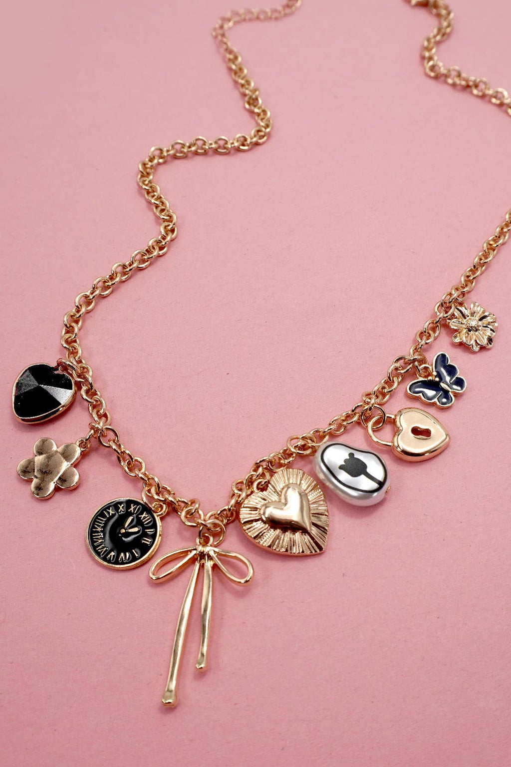 CHARM NECKLACE-HEART CLOCK BOW LOCK CHARMS | 80N91815