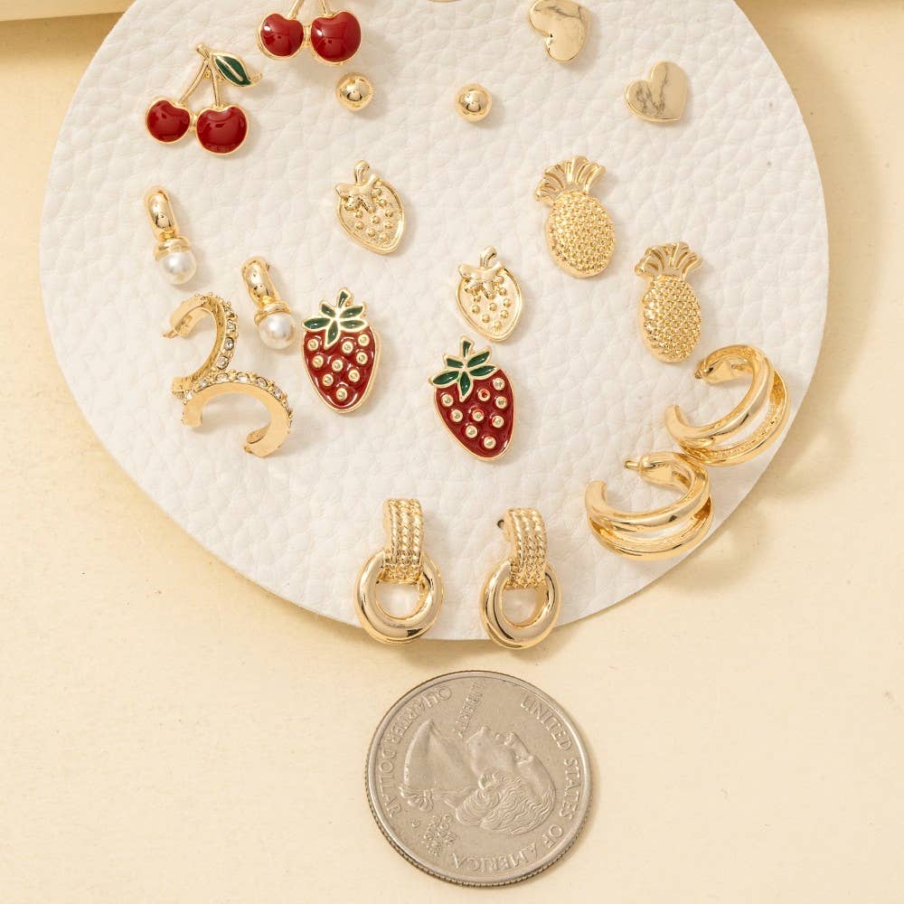 10Pc Enamel Metallic Fruit Stud And Hoop Earrings Set