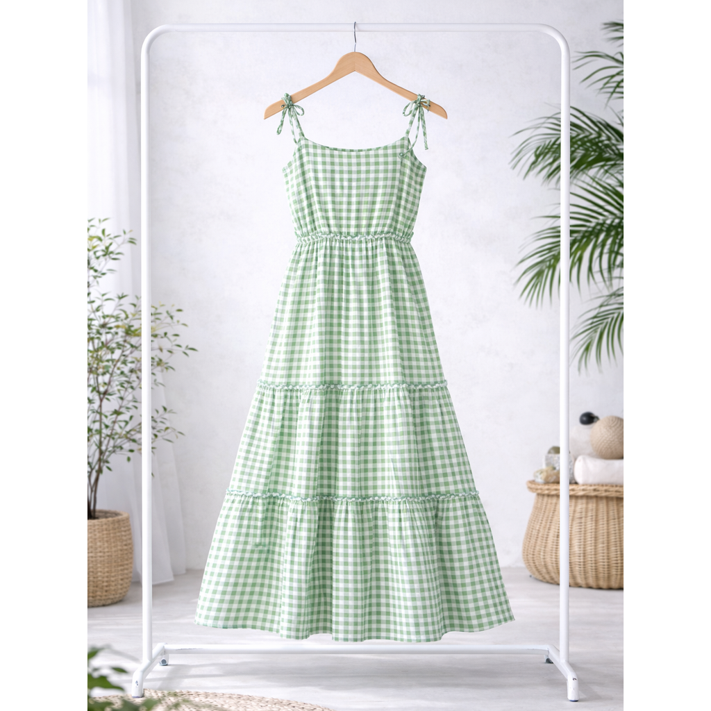 TIE SHOULDER MIDI WITH TIEAR AND PLEAT DRESS