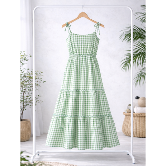 TIE SHOULDER MIDI WITH TIEAR AND PLEAT DRESS