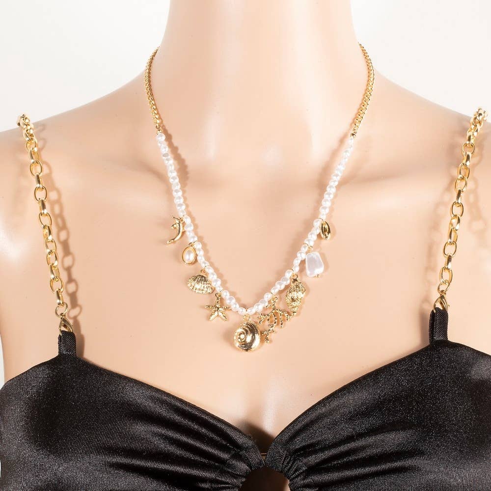 Sea Life Charms Pearl Beaded And Chain Necklace Set