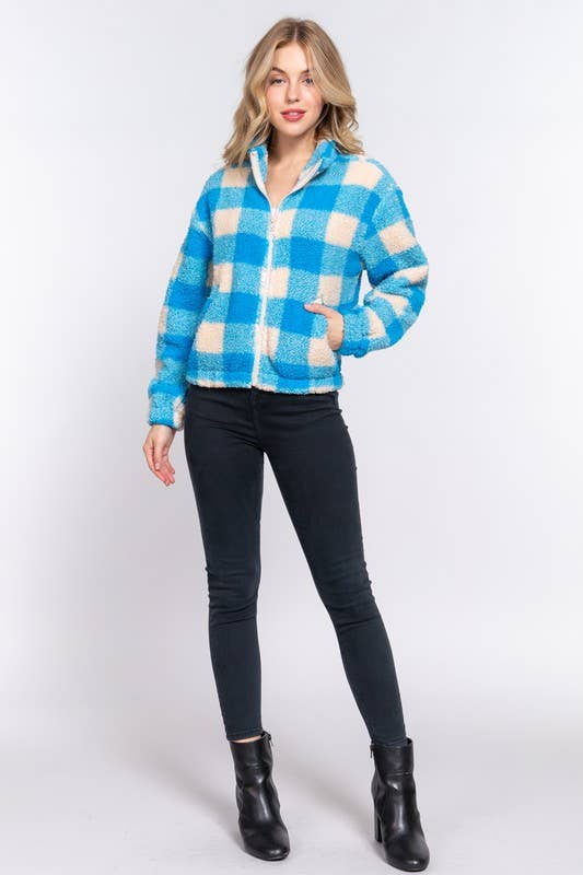 Long Sleeve Mock Neck Argyle Print Faux Fur Jacket