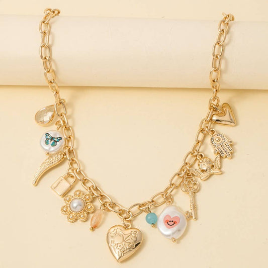 Assorted Charms And Heart Locket Chain Necklace