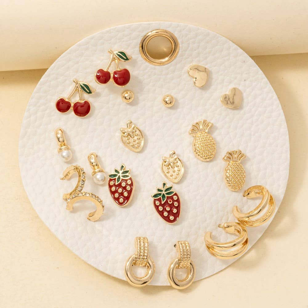 10Pc Enamel Metallic Fruit Stud And Hoop Earrings Set