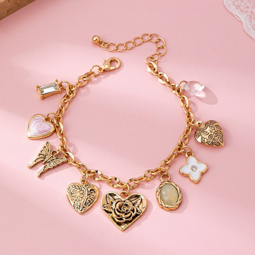 Gold Charm Bracelet with Hearts & Flowers | 80B1652