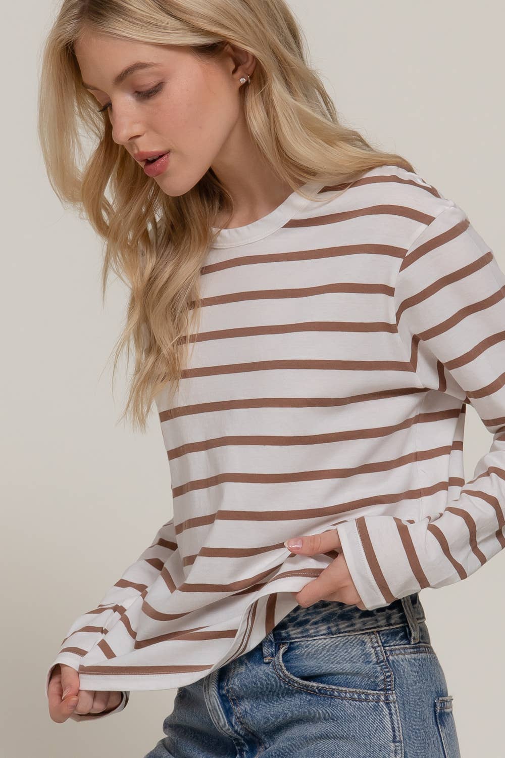 Long Sleeve Round Neck Neck Y/D Stripe Tee