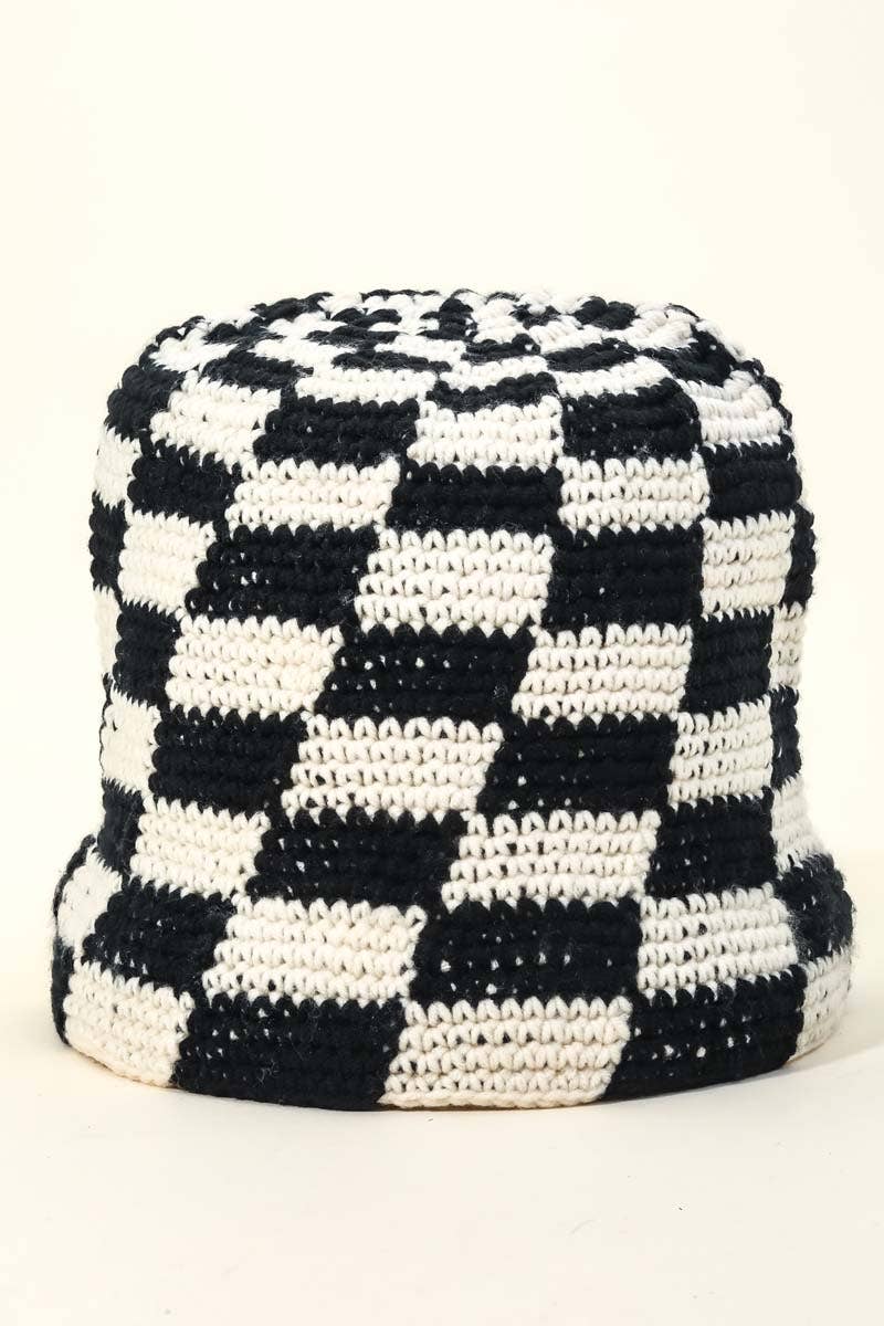 Knitted Checkered Print Bucket Hat