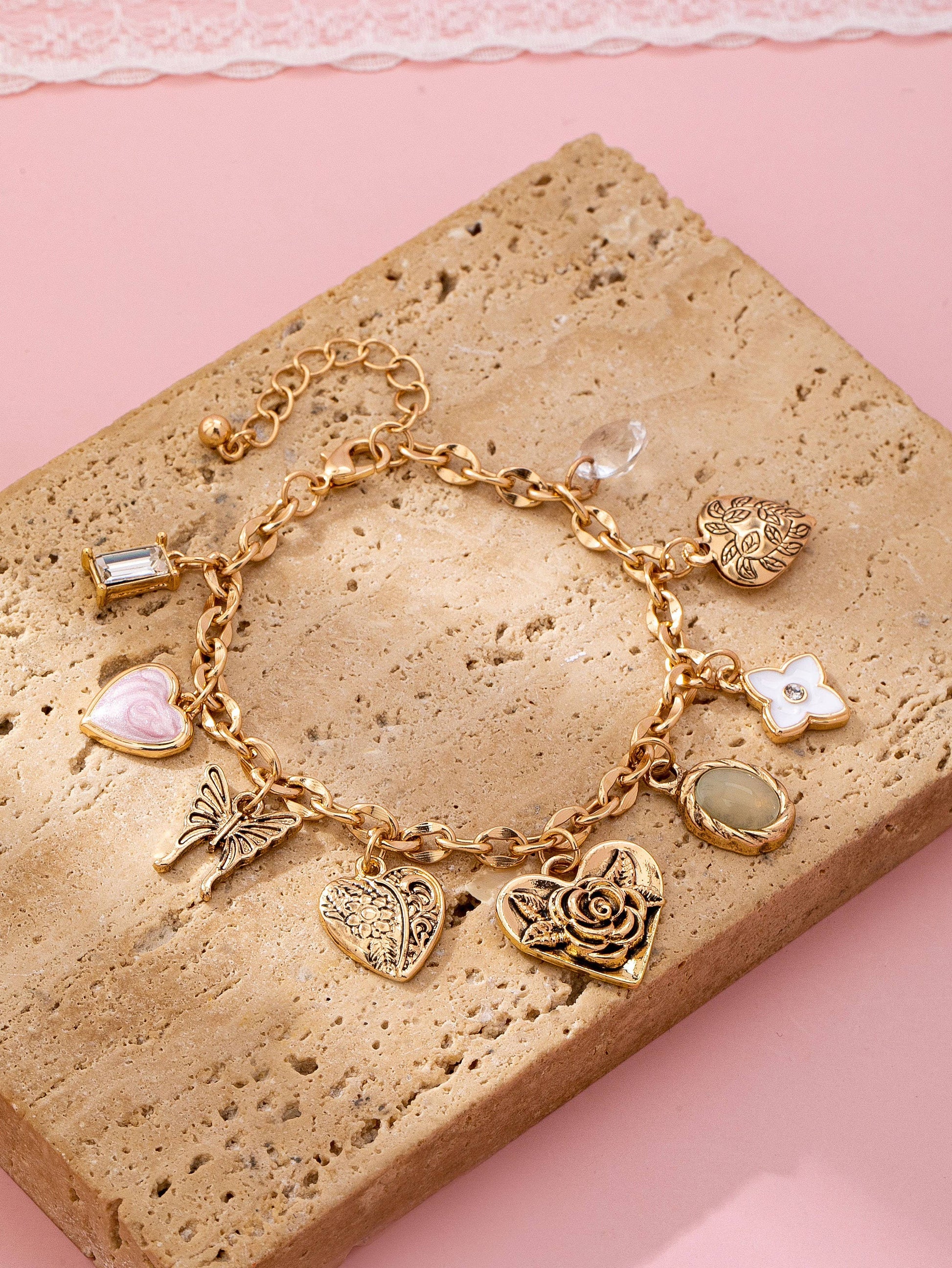Gold Charm Bracelet with Hearts & Flowers | 80B1652