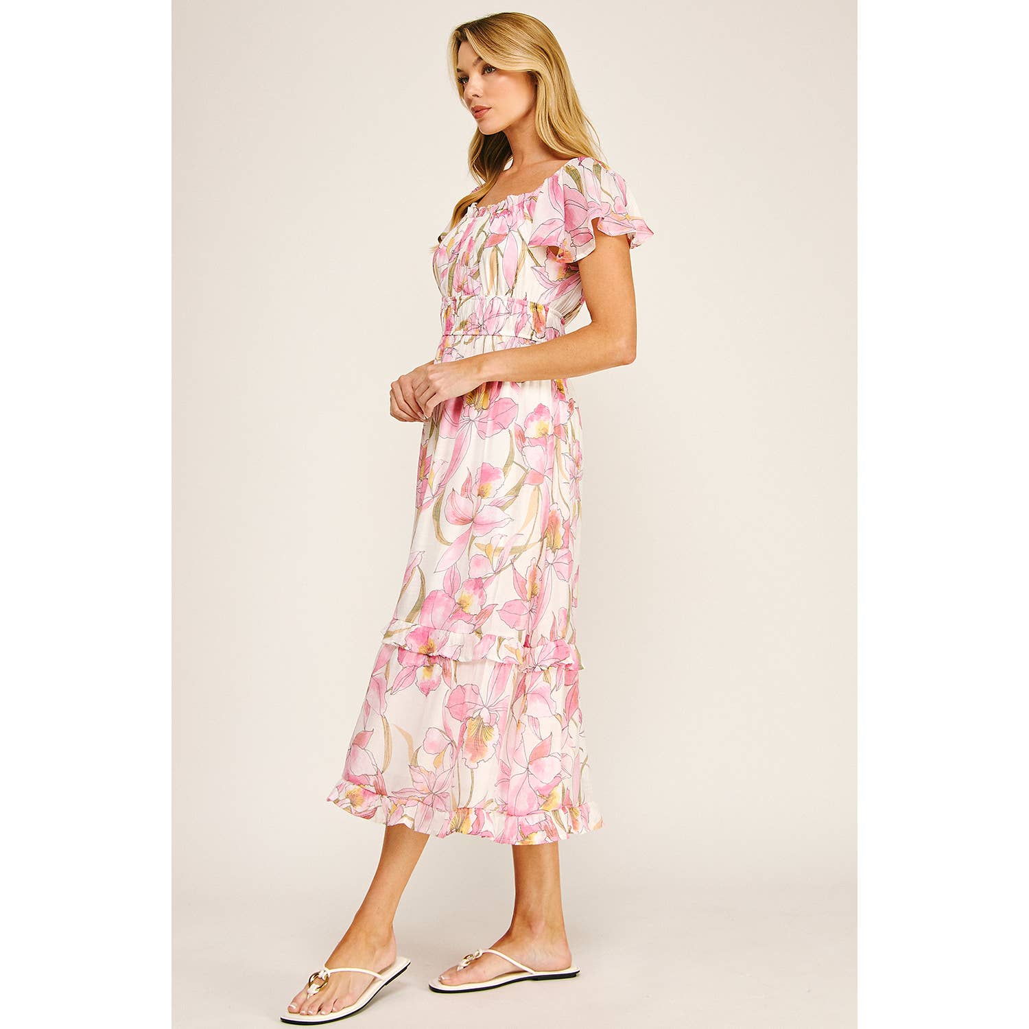 FLUTTER SLEEVE FLORAL TIERED MIDI DRESS