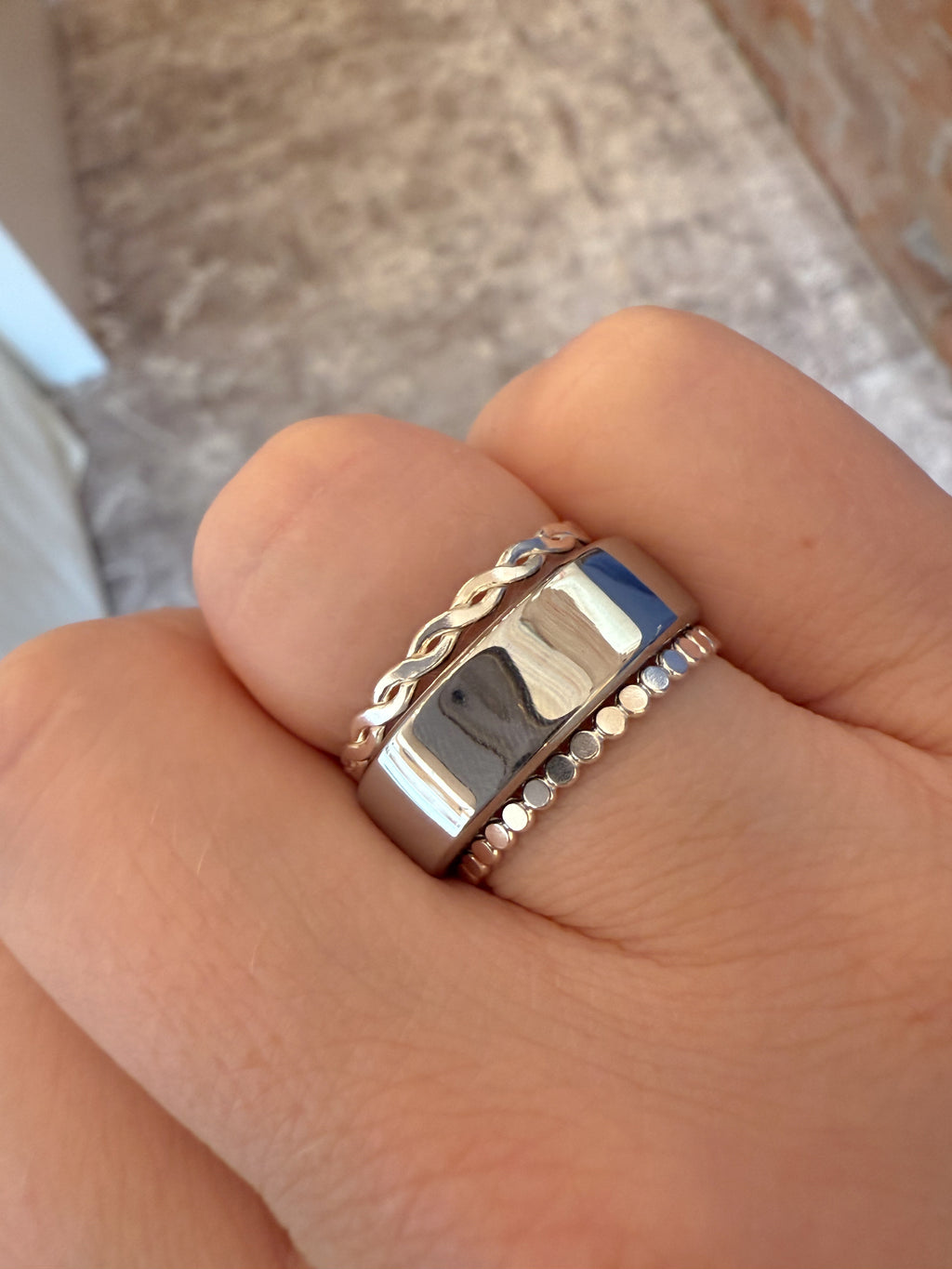 Beaded Flat Sterling Silver Stacking Rings