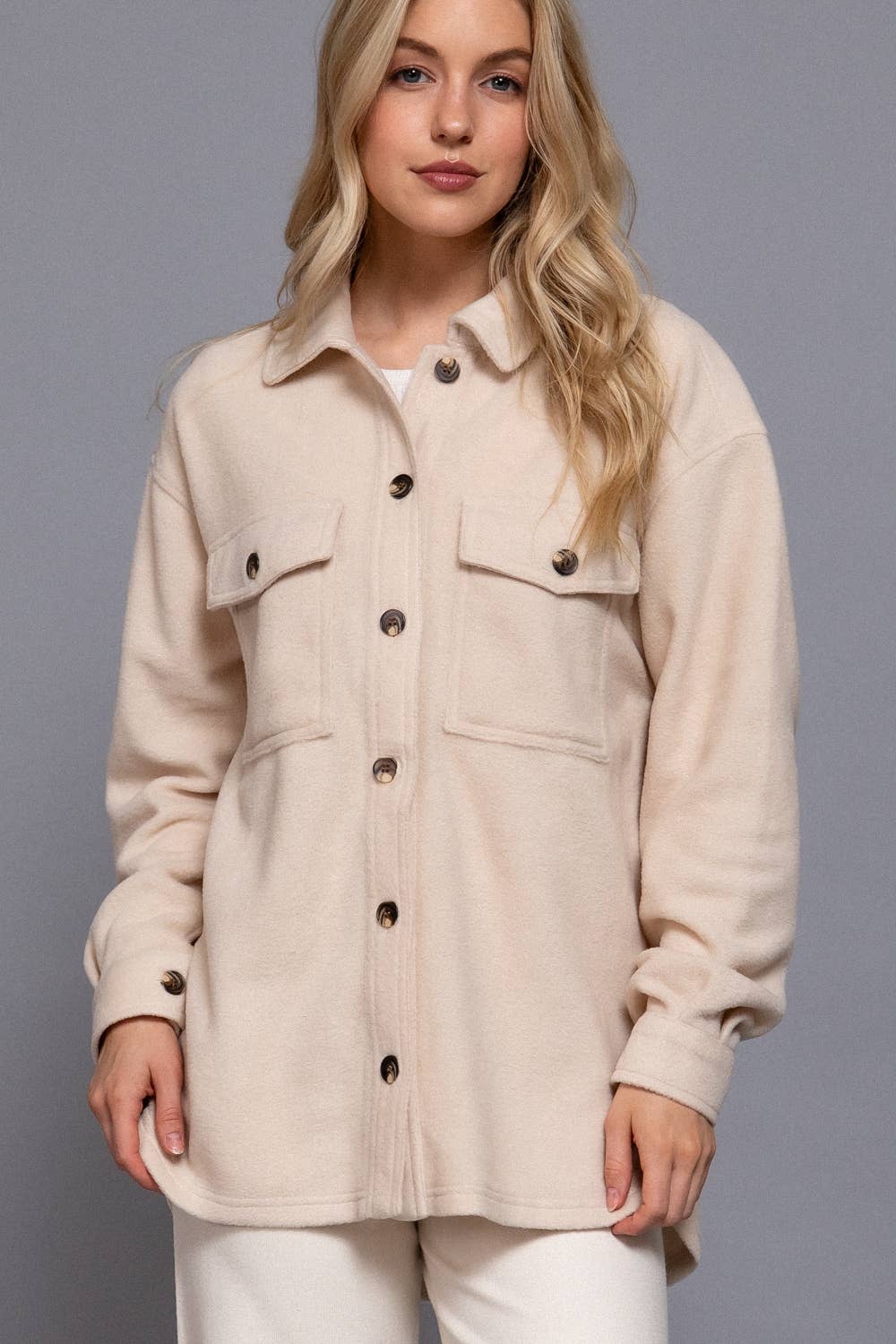 Long Sleeve Notched Collar Front Pocket Fleece Jacket