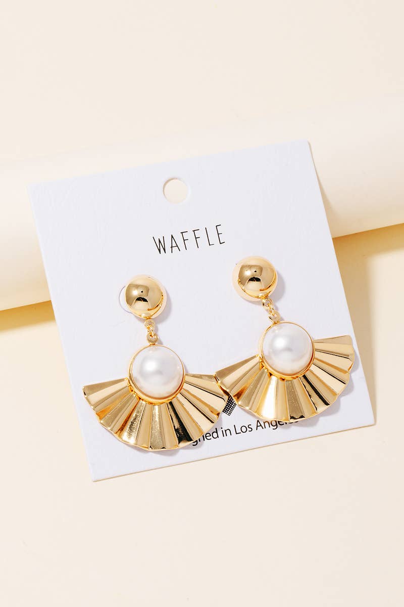 Pearl Stud Metallic Fan Dangle Earrings