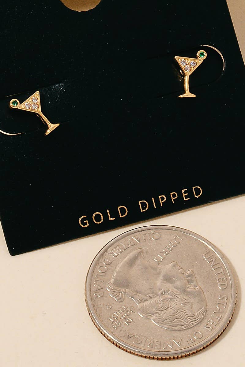 Gold Dipped Cz Pave Martini Glass Stud Earrings