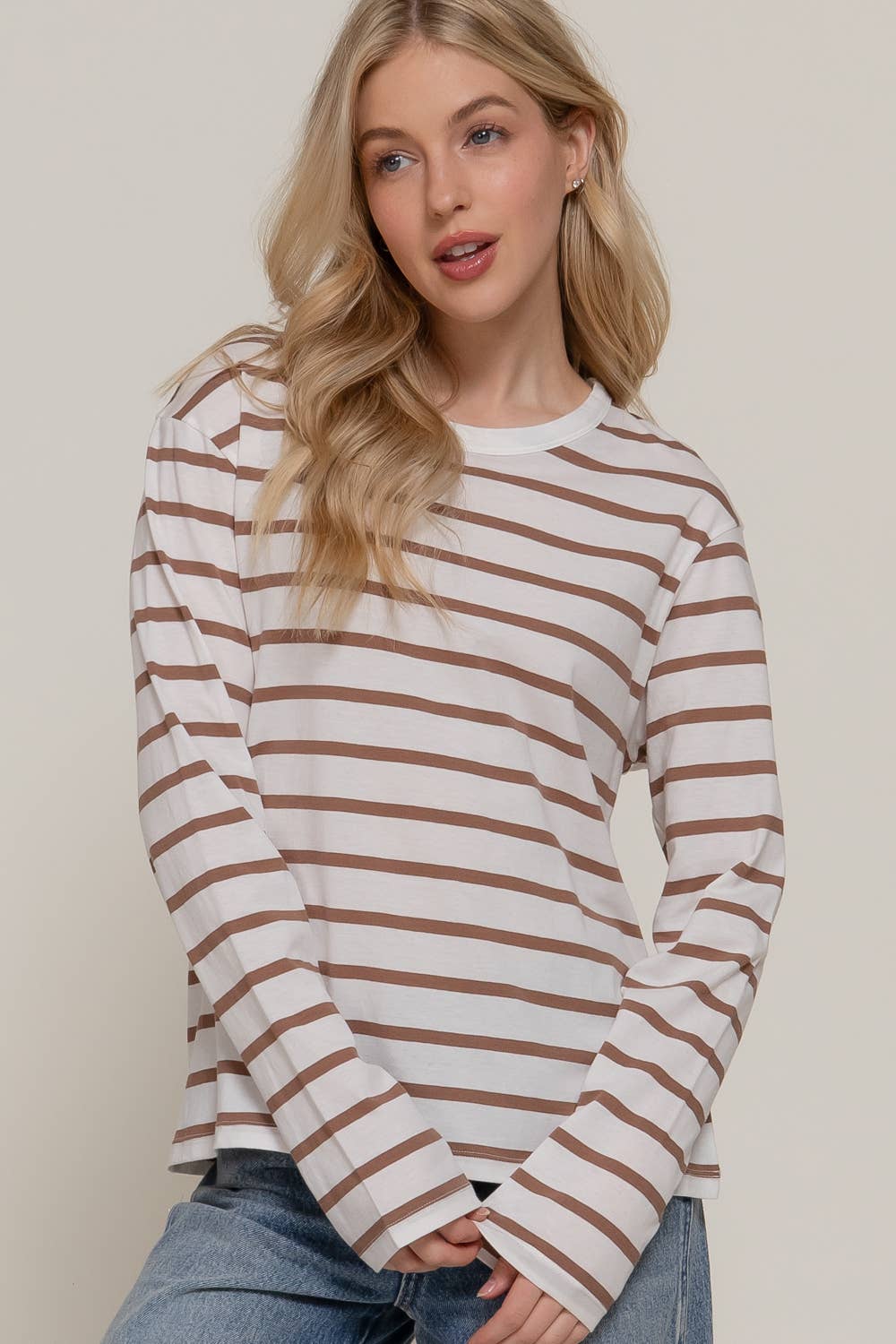 Long Sleeve Round Neck Neck Y/D Stripe Tee