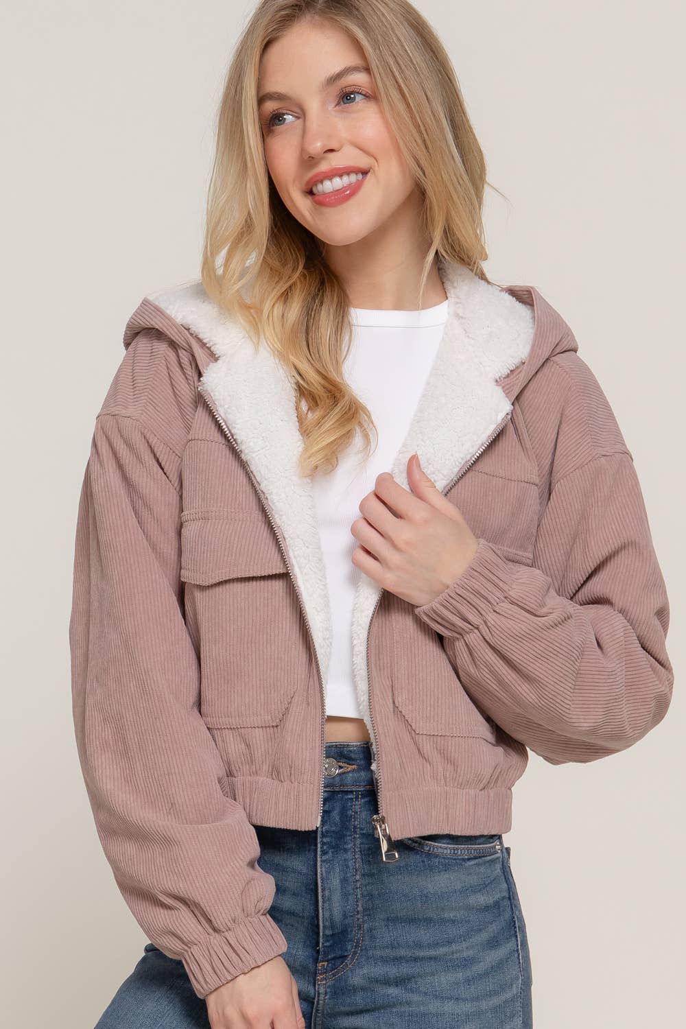Long Sleeve Hoodie Inside Fur Corduroy Zip Up Jacket