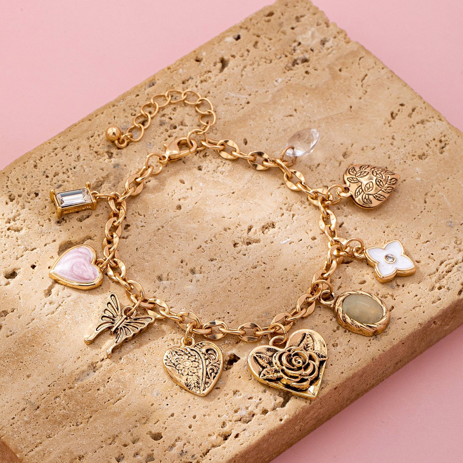 Gold Charm Bracelet with Hearts & Flowers | 80B1652