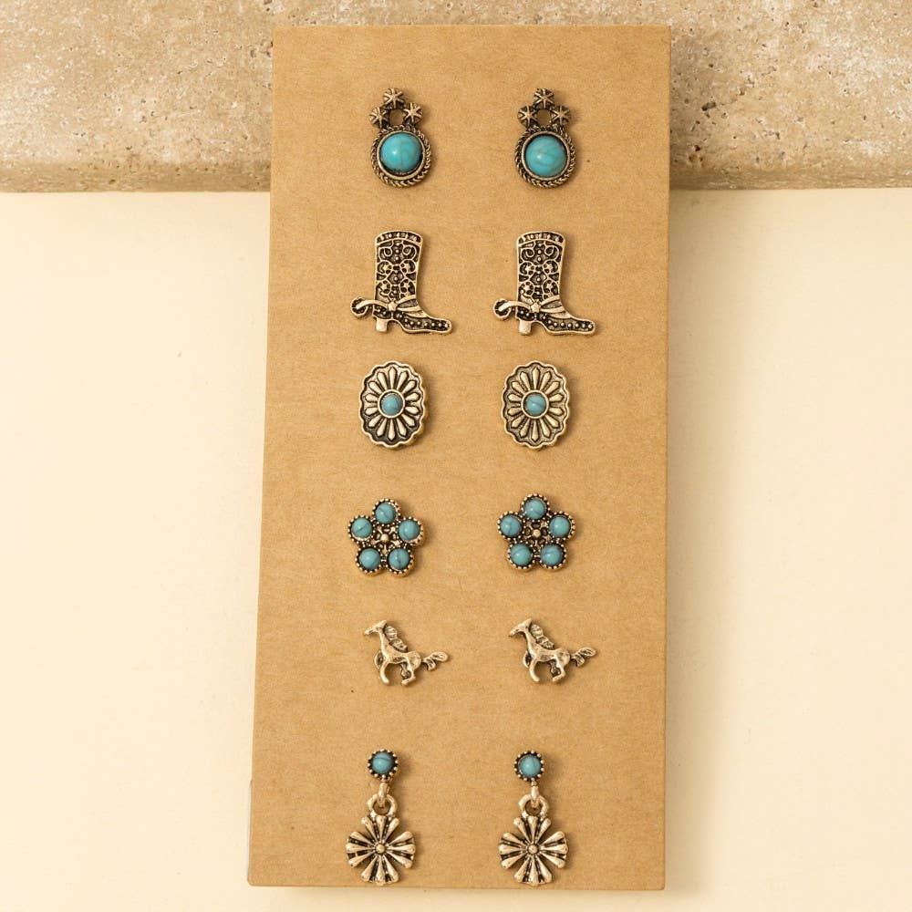 Assorted Six Pair Western Stud Earrings Set