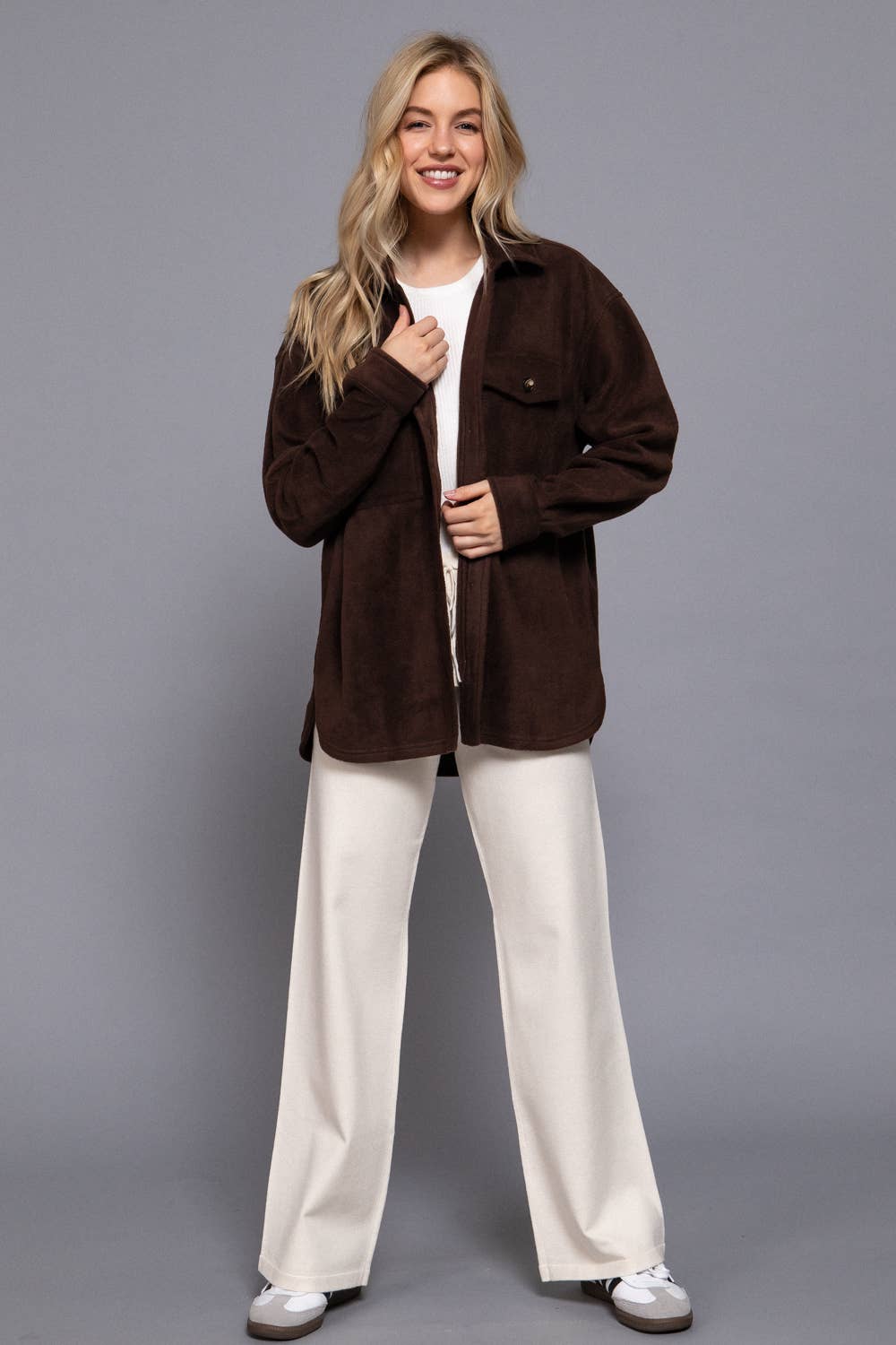 Long Sleeve Notched Collar Front Pocket Fleece Jacket