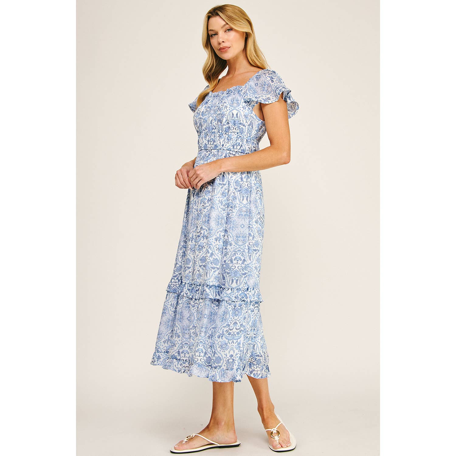 FLUTTER SLEEVE FLORAL TIERED MIDI DRESS