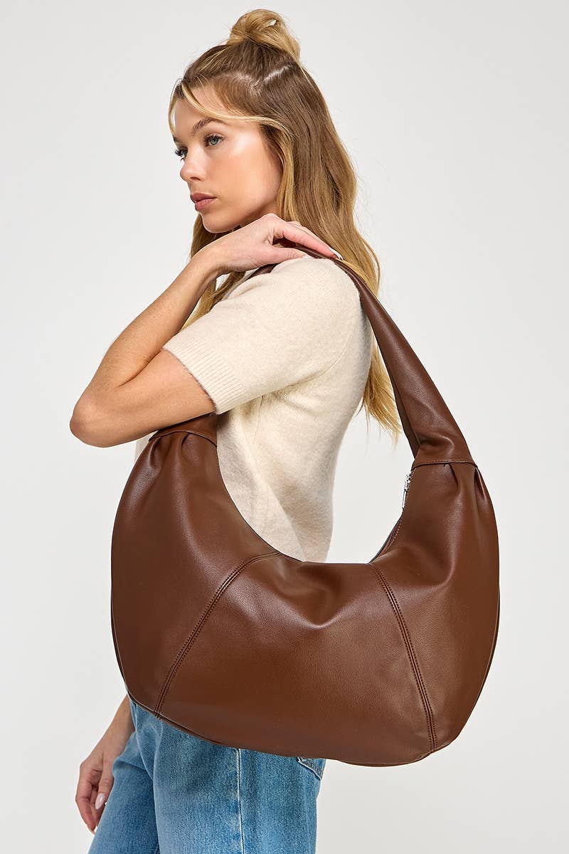 Panel Stitch Crescent Faux Leather Shoulder Bag