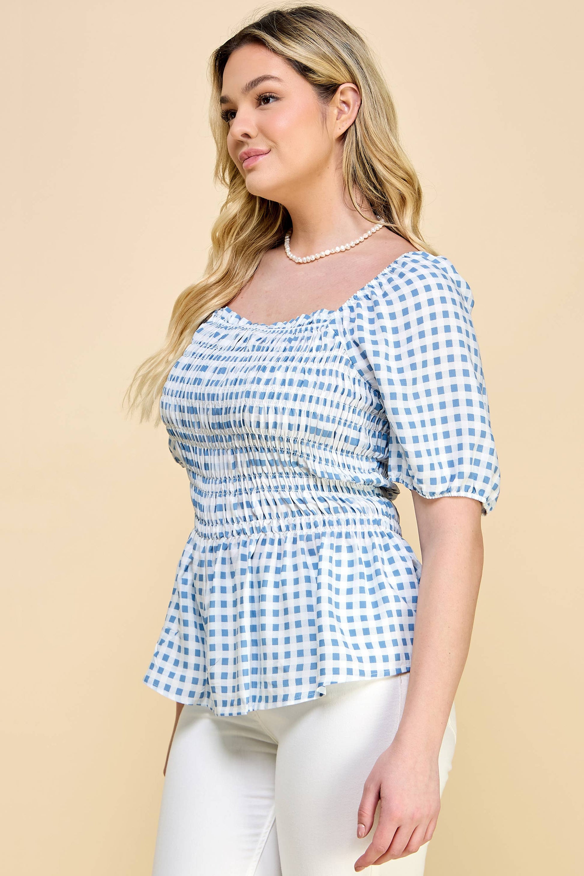 PLUS SIZE PUFF SLEEVE SMOCK BABY DOLL TOP