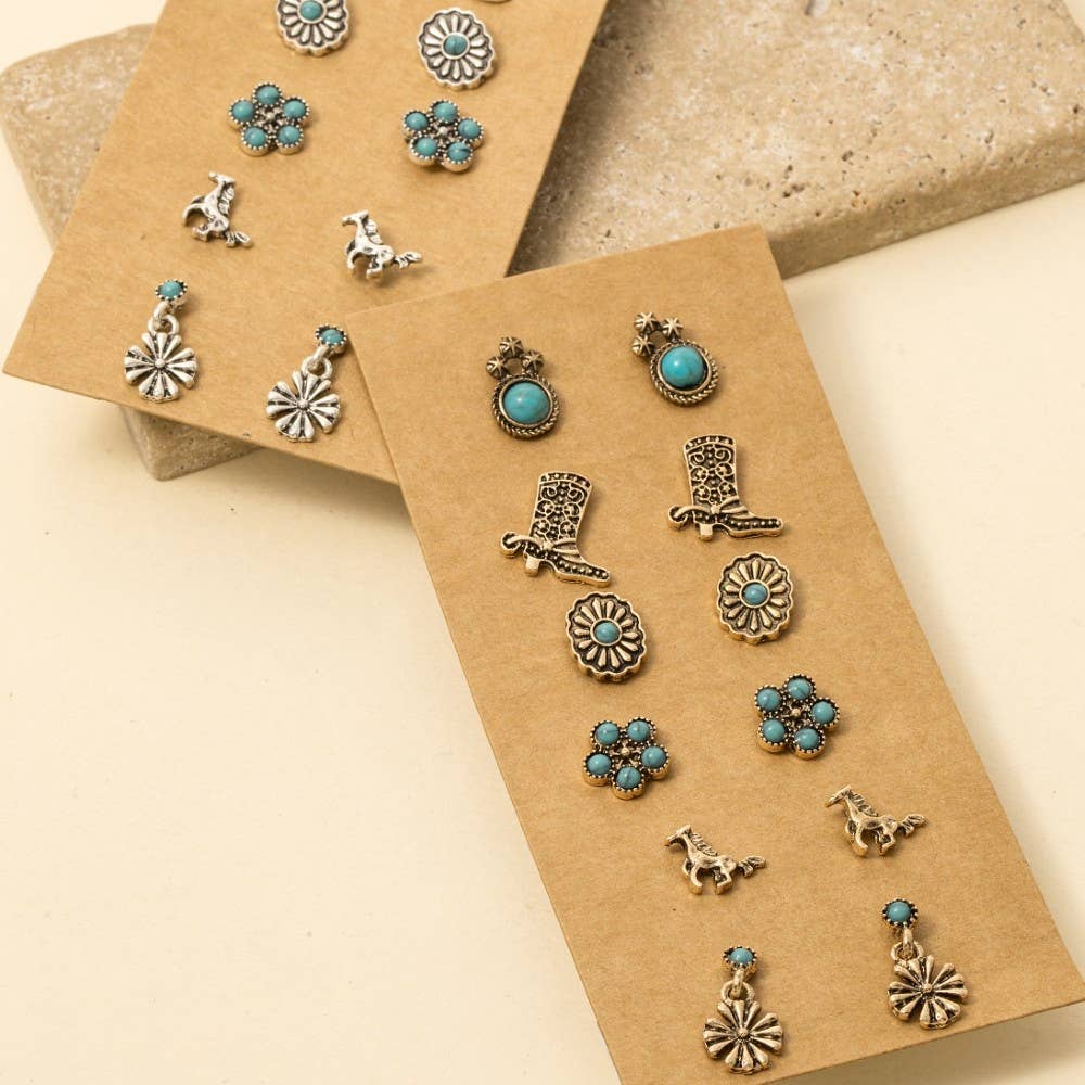 Assorted Six Pair Western Stud Earrings Set