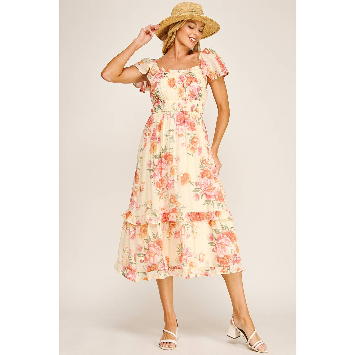 FLUTTER SLEEVE FLORAL TIERED MIDI DRESS