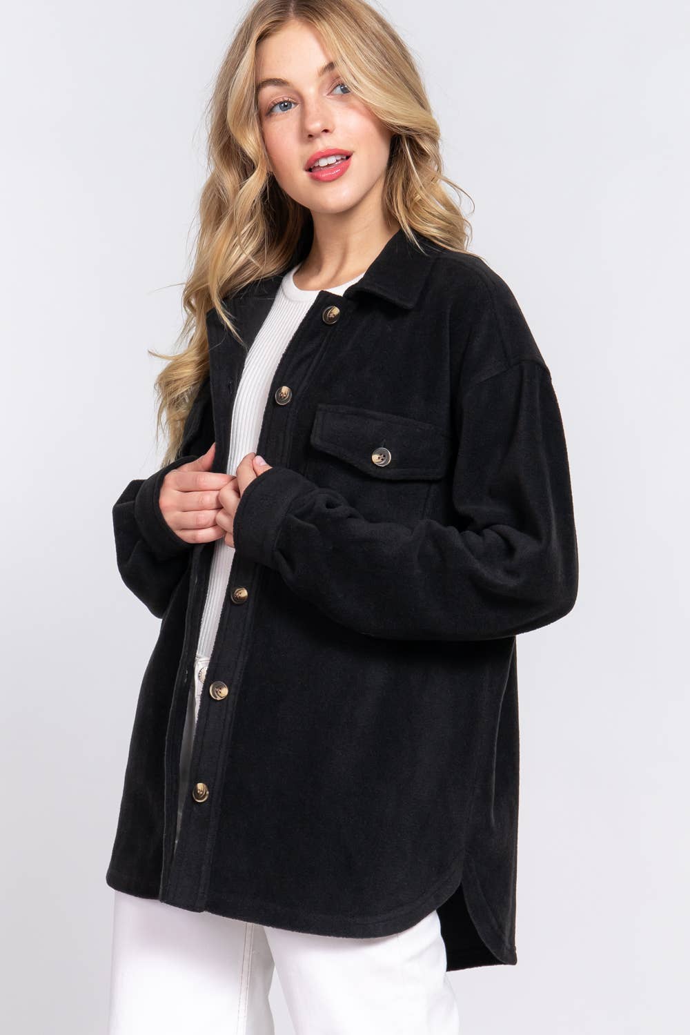 Long Sleeve Notched Collar Front Pocket Fleece Jacket
