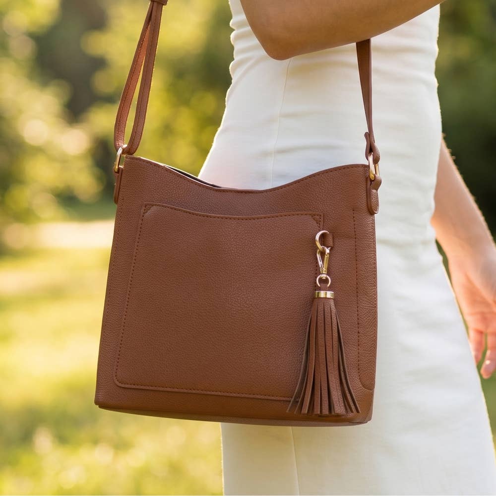 Vegan Leather Tassel Bucket Shoulder Bag