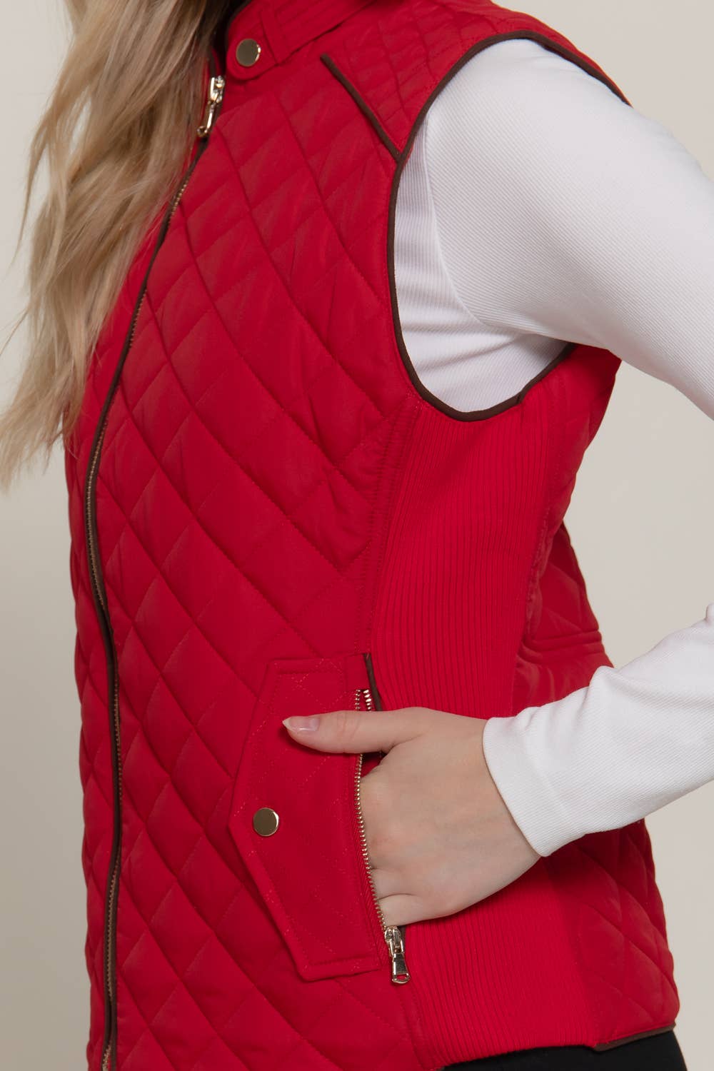 Suede Piping Detail Rib Quilted Padding Vest