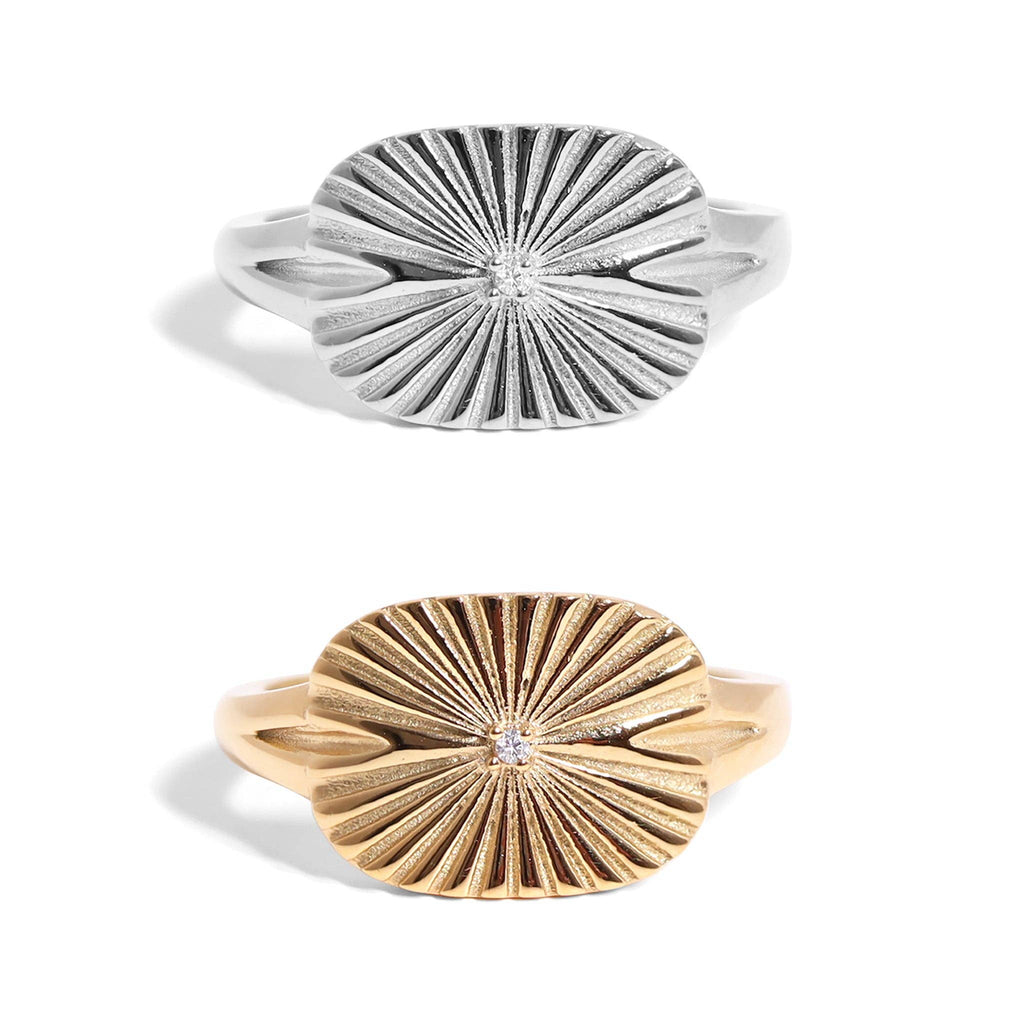 Gold Stainless Steel Cubic Zirconia Sunburst Rectangle Ring
