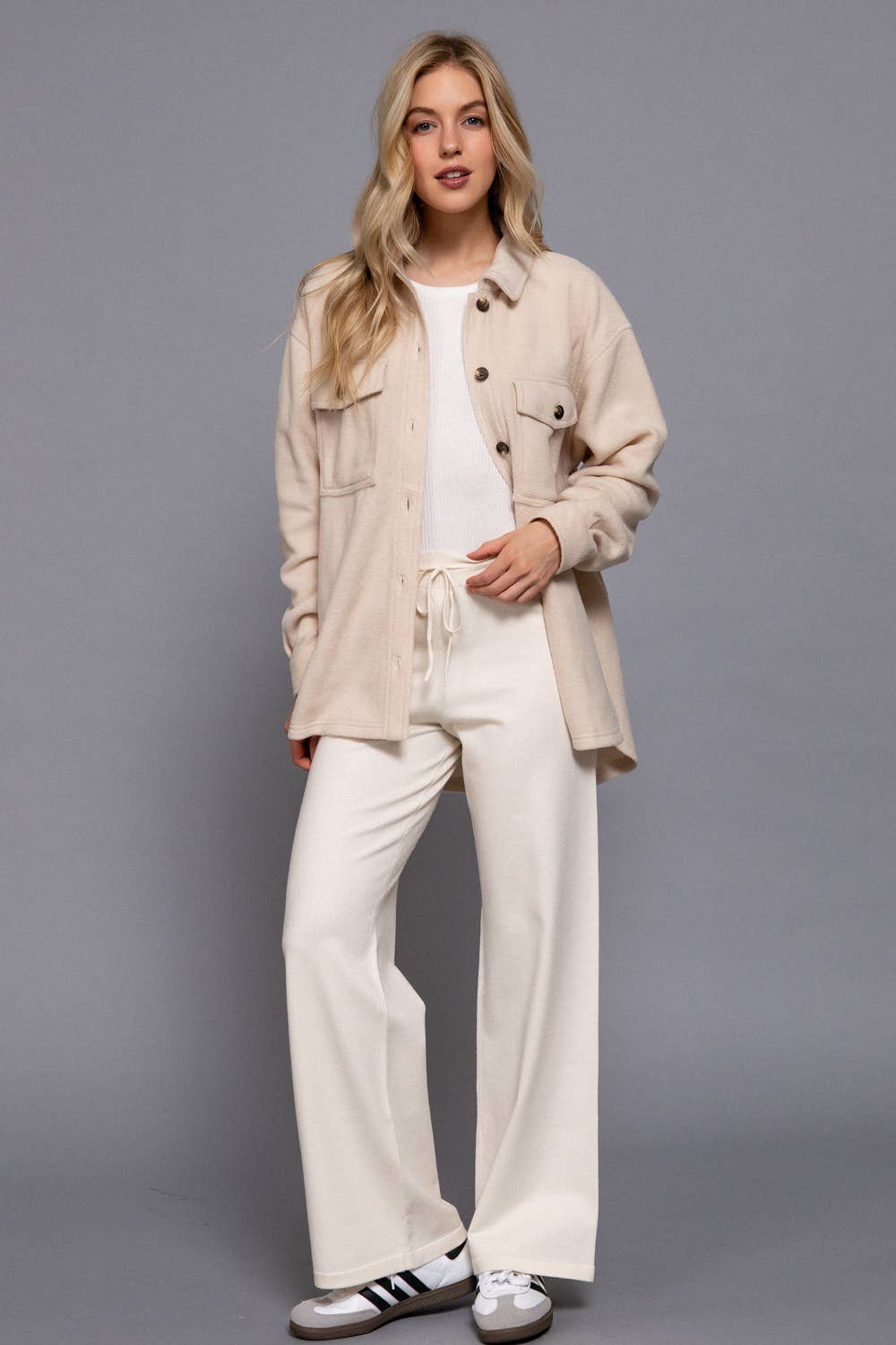 Long Sleeve Notched Collar Front Pocket Fleece Jacket