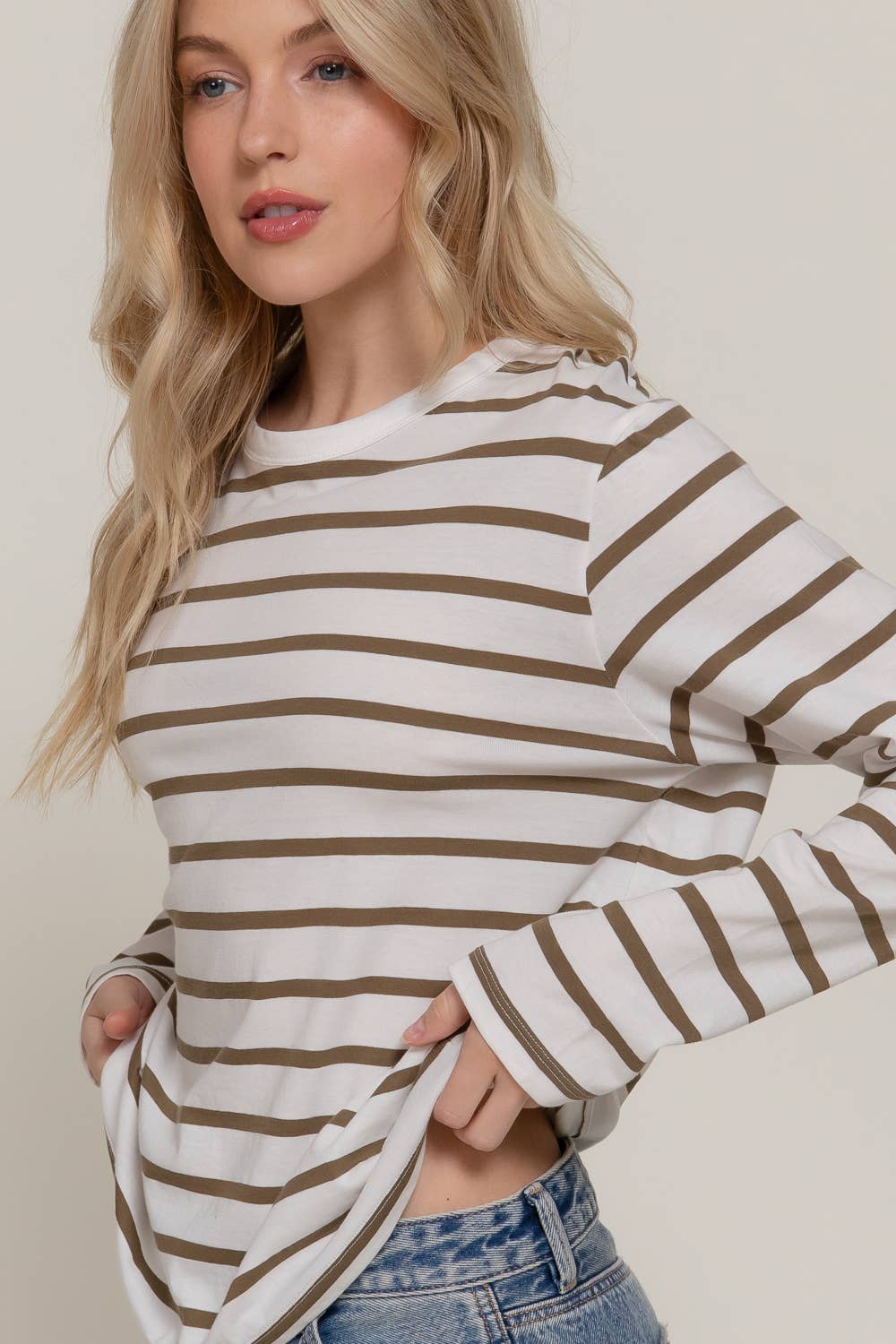 Long Sleeve Round Neck Neck Y/D Stripe Tee