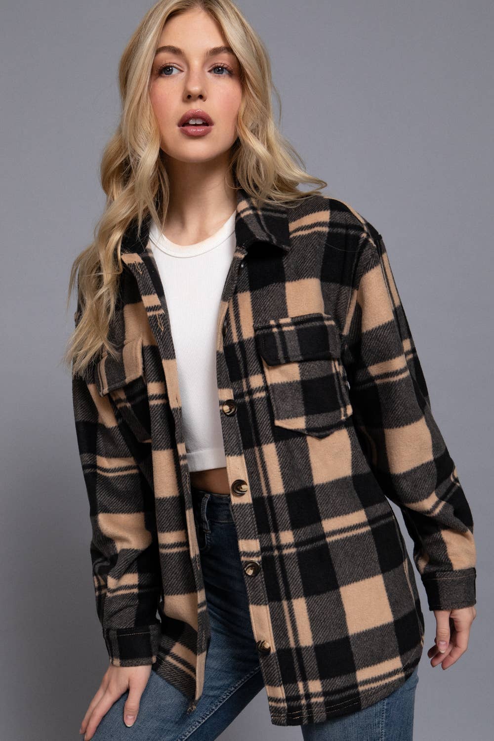 Long Sleeve Check Printed Fleece Shacket
