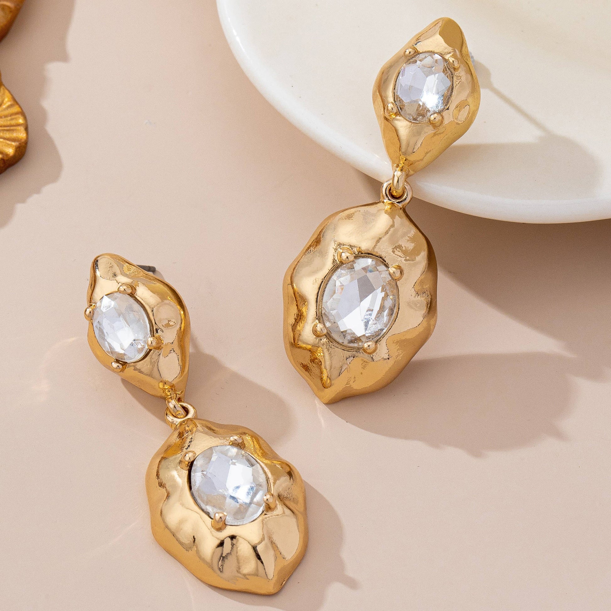 Hammered Gold & Crystal Drop Earrings | 80E61655