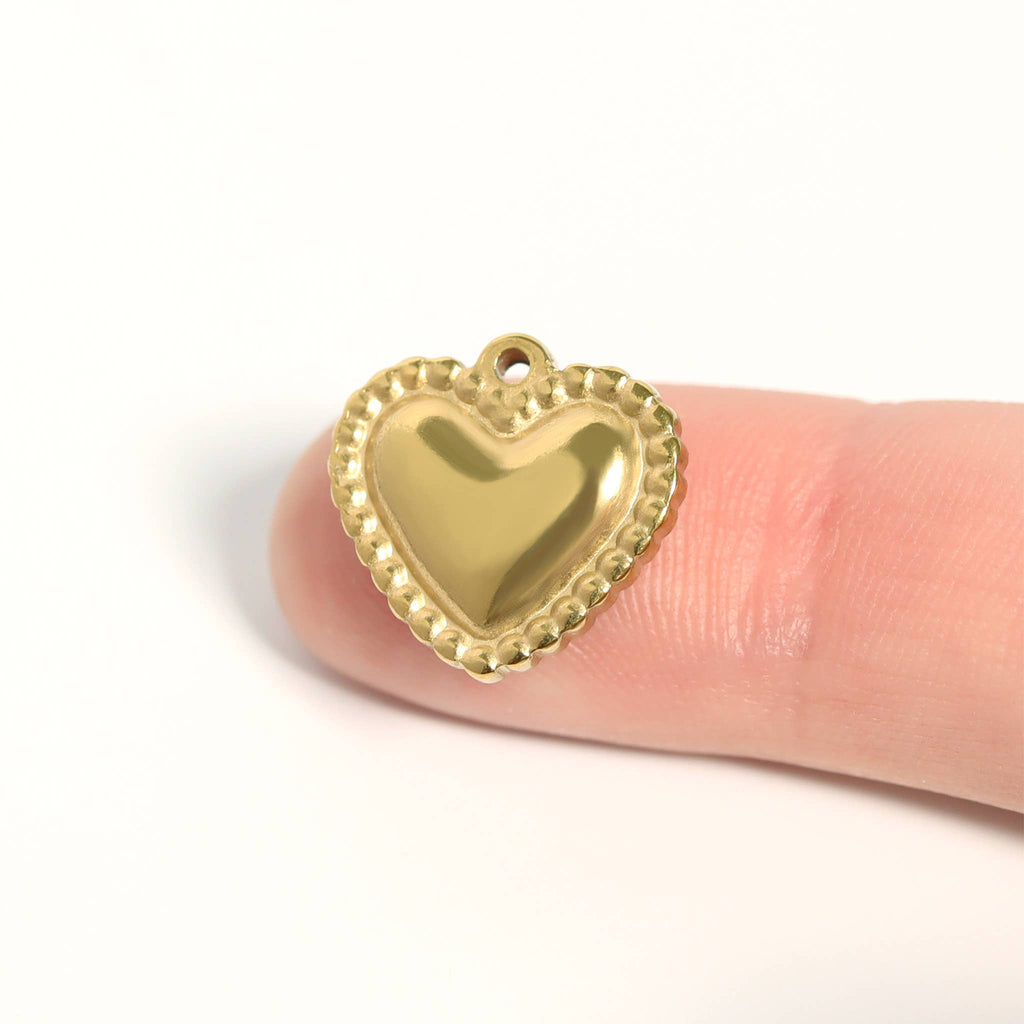 18K Gold PVD Stainless Steel Beaded Trim Heart Charm