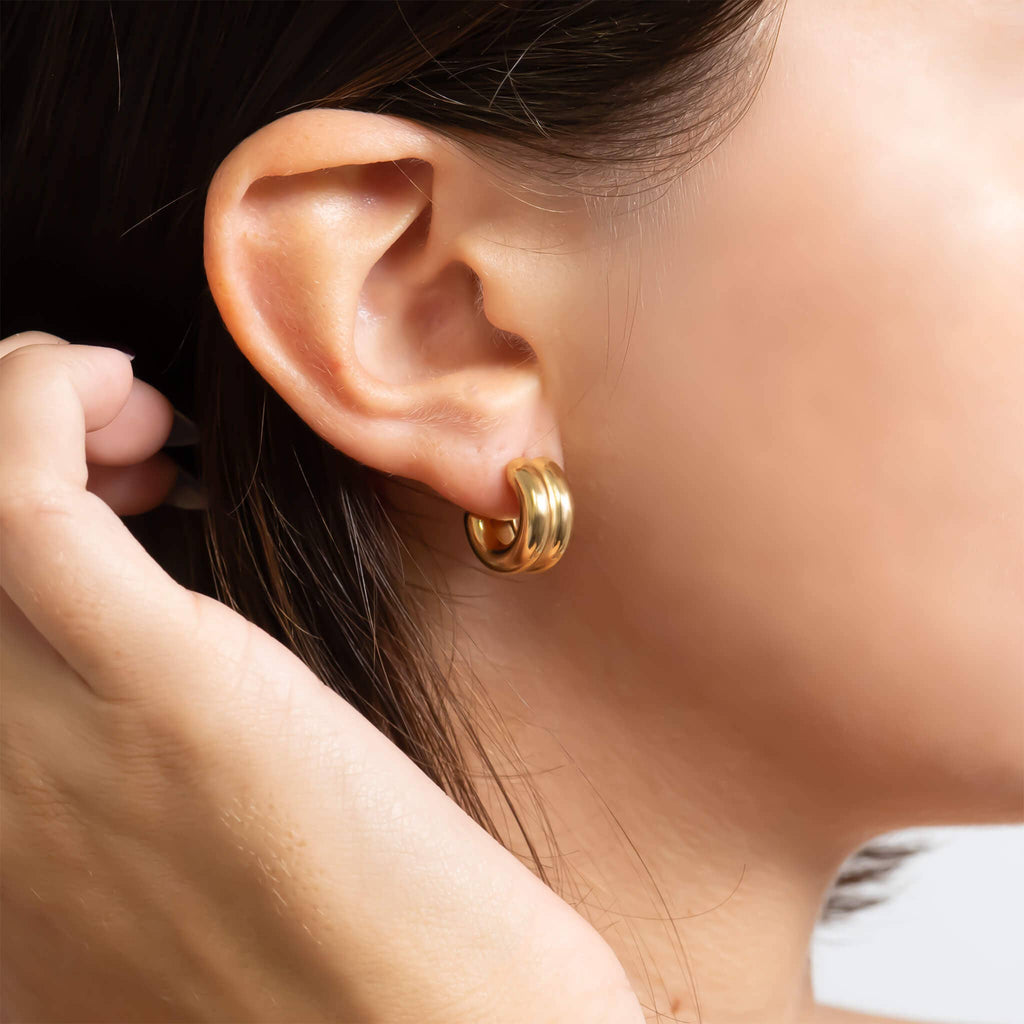 18K Gold Stainless Steel Double Hoop Stud Huggie Earrings